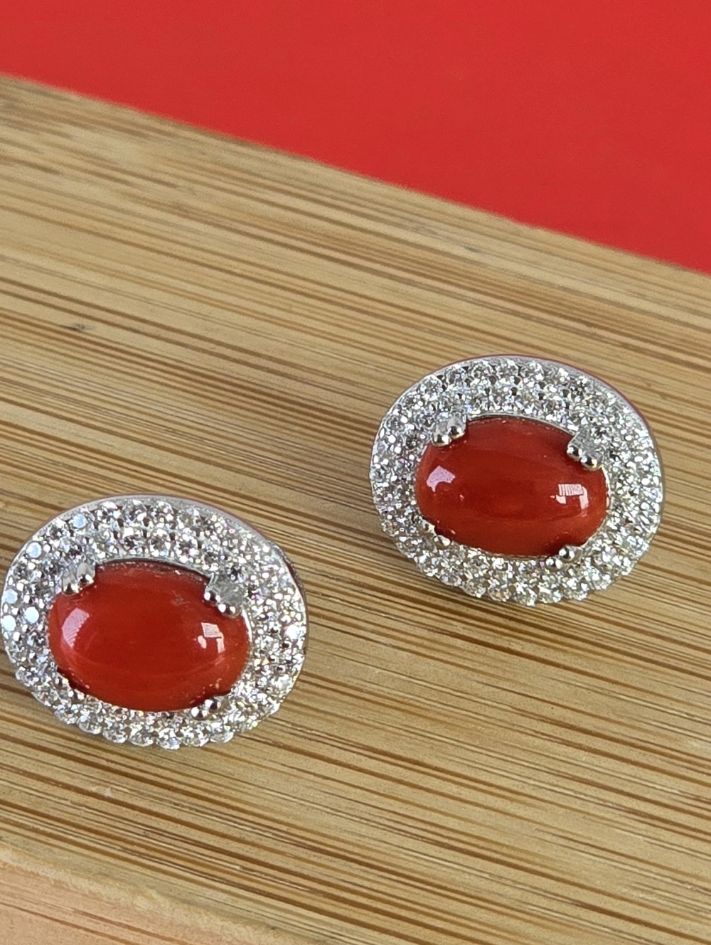 925 Sterling Silver Earrings with Natural Oval‎ Red Coral 8x6mm & Cz